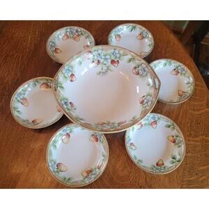 Morimura Bros Nippon 1 Serving Bowl Set 6 Berry Handpainted Strawberry Gold